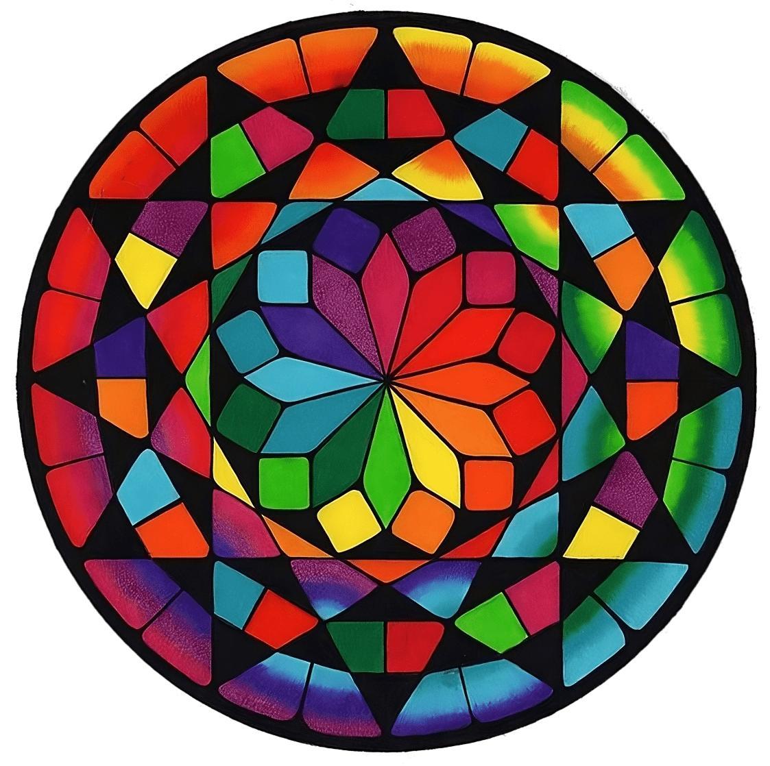 Colorful geometric mandala with radiating rainbow pattern and black outlines in circular symmetry