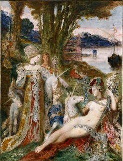 Ornate mythological painting with classical figures in a garden setting with elaborate decorative details