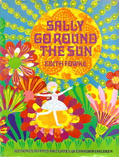 Colorful vintage illustration of girl in yellow dress dancing in flower garden beneath bright yellow sun with radiating rays