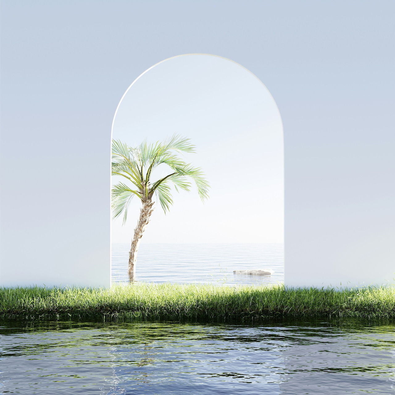 Surreal white arch framing a palm tree, grass, and calm water