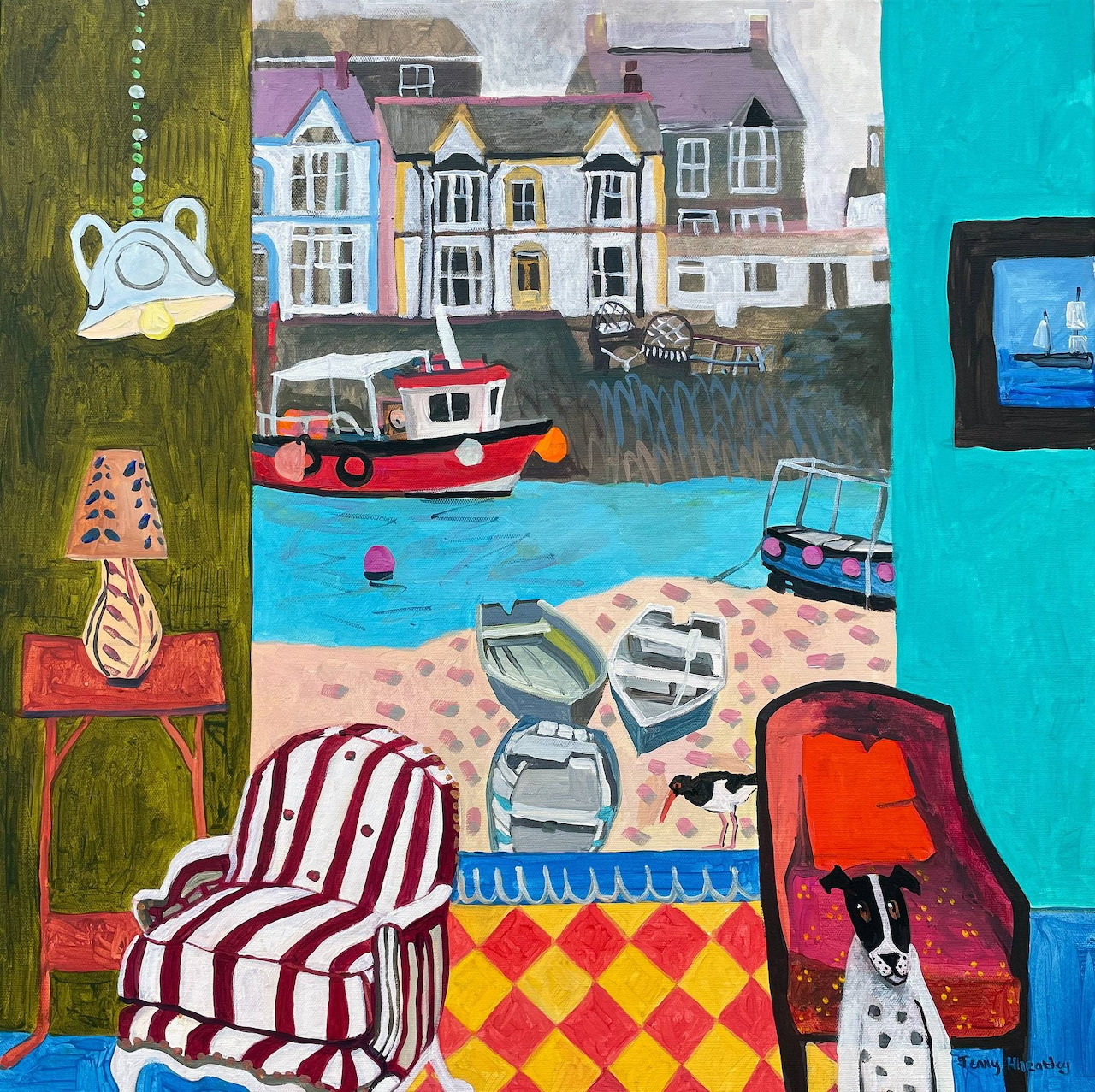 Colorful collage art showing coastal houses, boats, striped beach chair, and decorative patterns