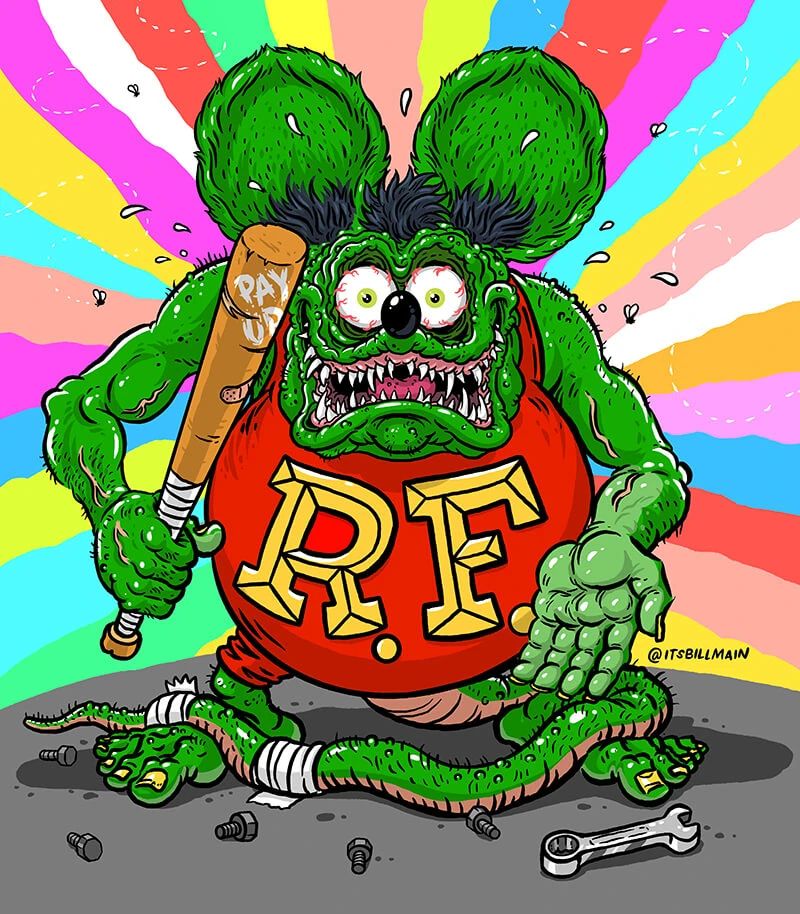 Rat Fink cartoon character with green fur, bulging eyes and red shirt