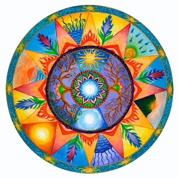 Colorful mandala with symmetrical patterns in blue, orange, yellow, and green on white background