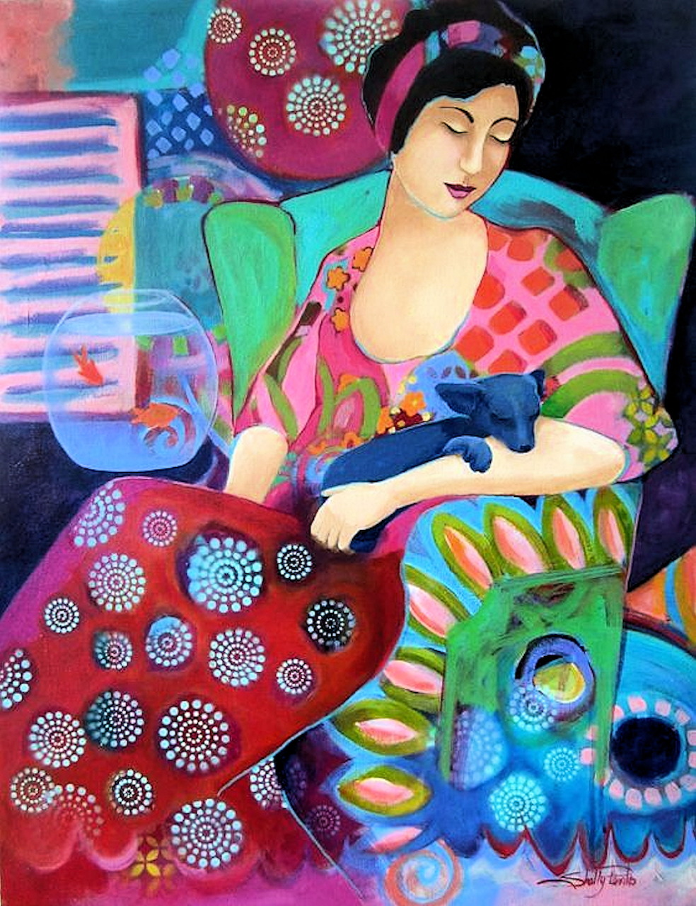 Colorful painting of a seated woman holding a small blue cat beside a stylized blue face