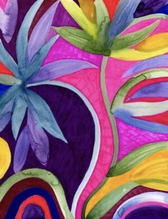 Abstract painting with colorful stylized flowers and curved rainbow shapes on purple background