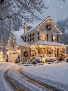 Snowy white house with Christmas decorations and glowing windows during winter evening snowfall