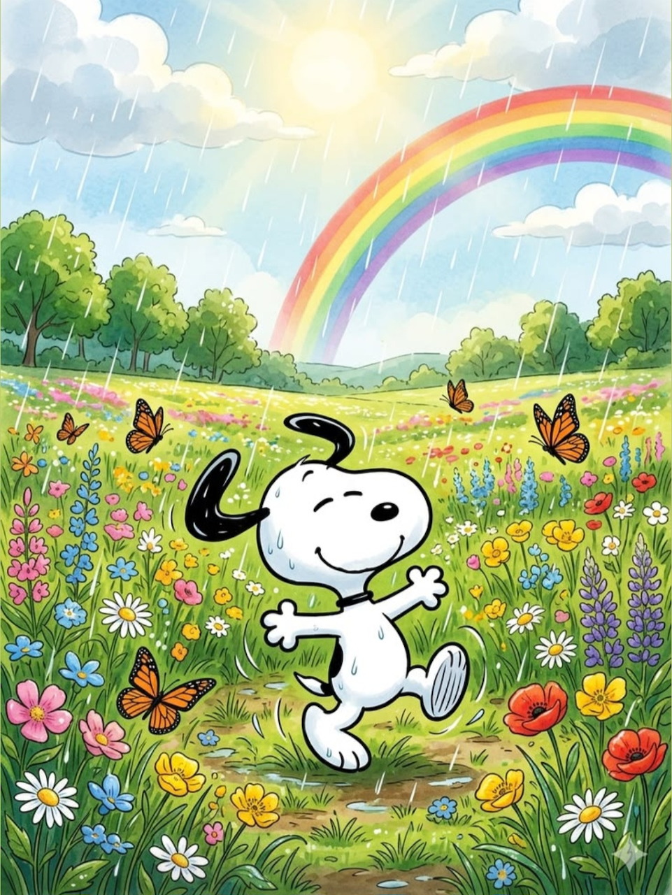 Snoopy Dancing in Flower Field