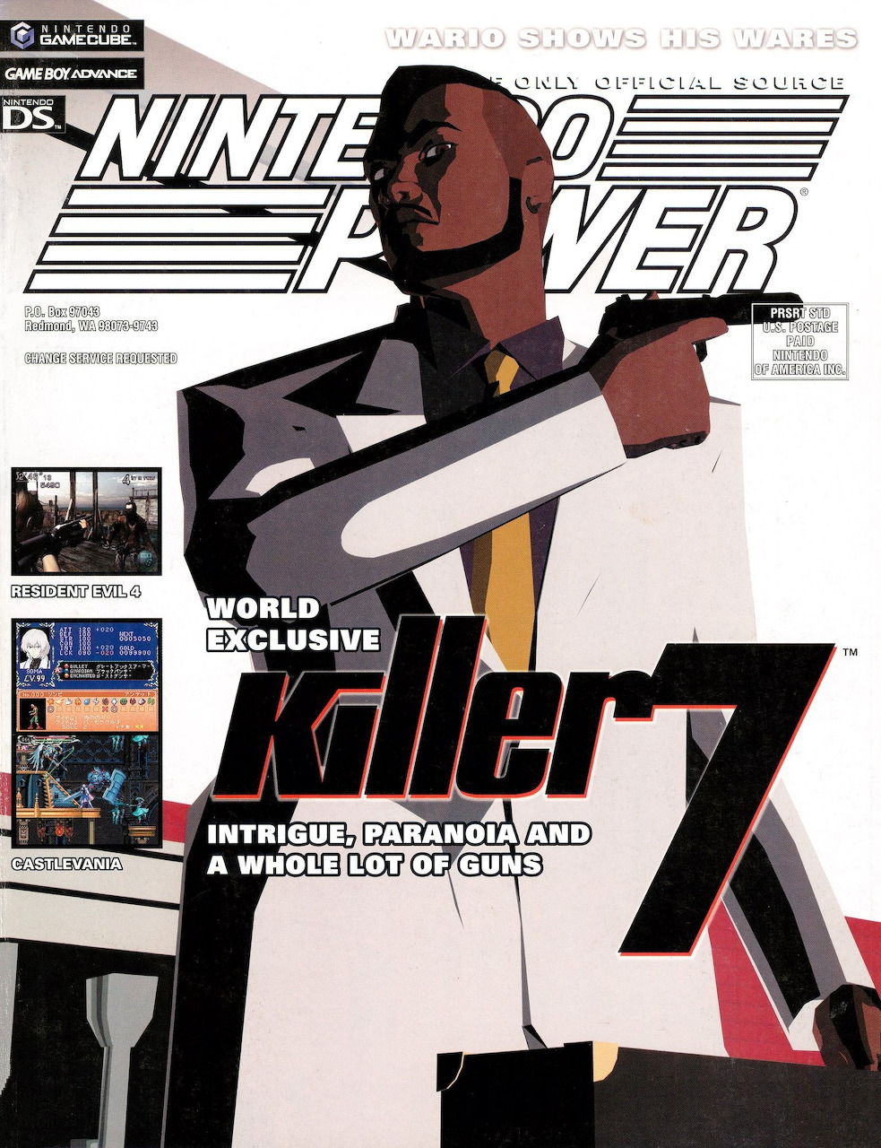 Nintendo Power magazine Issue 190 with Killer 7 exclusive cover art featuring a suited figure with a gun