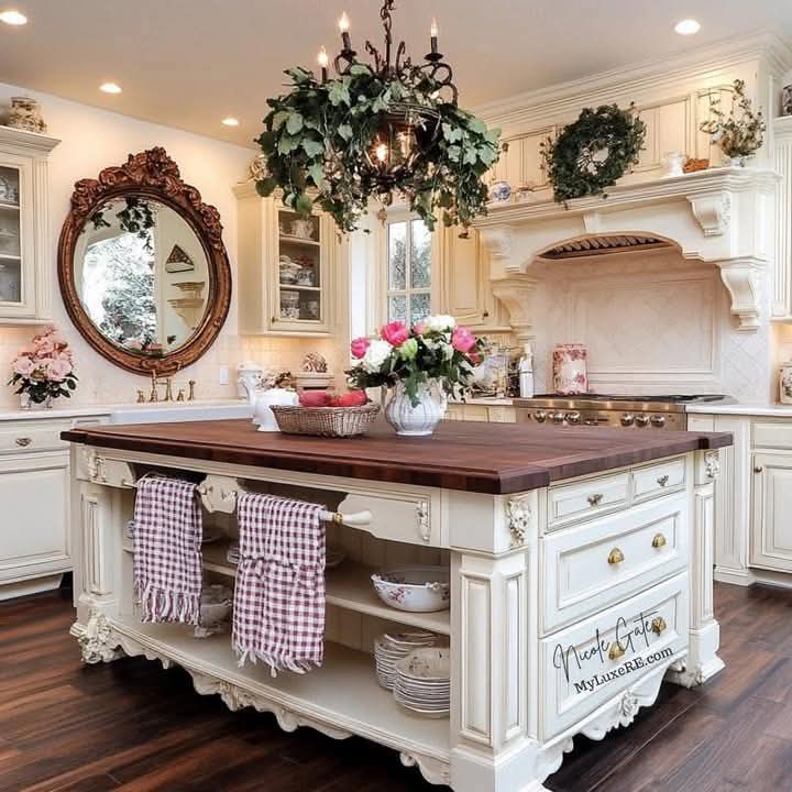 Elegant white kitchen with wooden island, hanging chandelier, and decorative wreaths above white cabinets