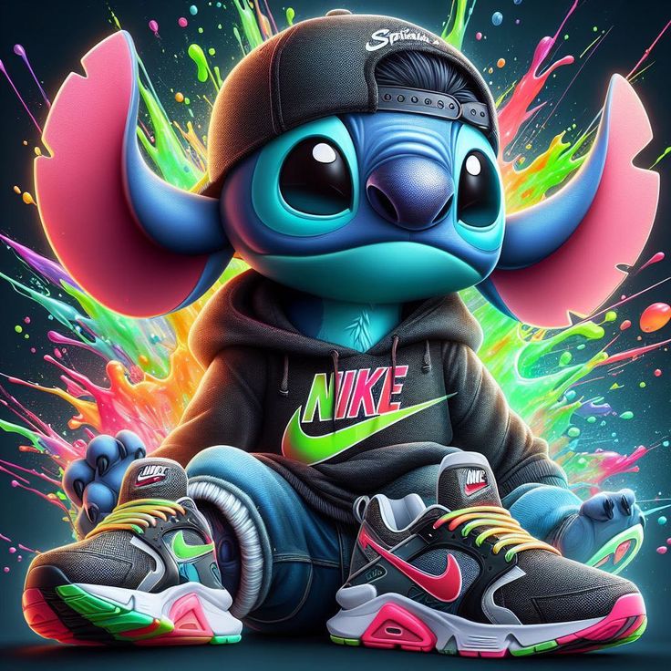 Colorful illustration of Stitch in streetwear with neon paint splashes in the background