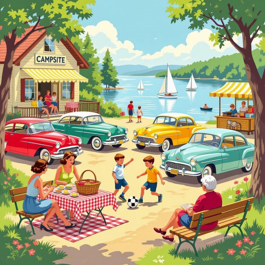 Illustrated lakeside campsite with vintage cars, picnic scene, sailboats, and people relaxing by the shore