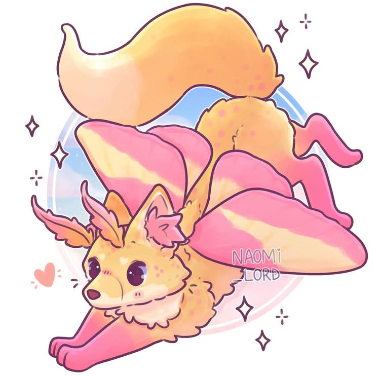 Cute cartoon fox with pink wings and a large golden tail surrounded by sparkles