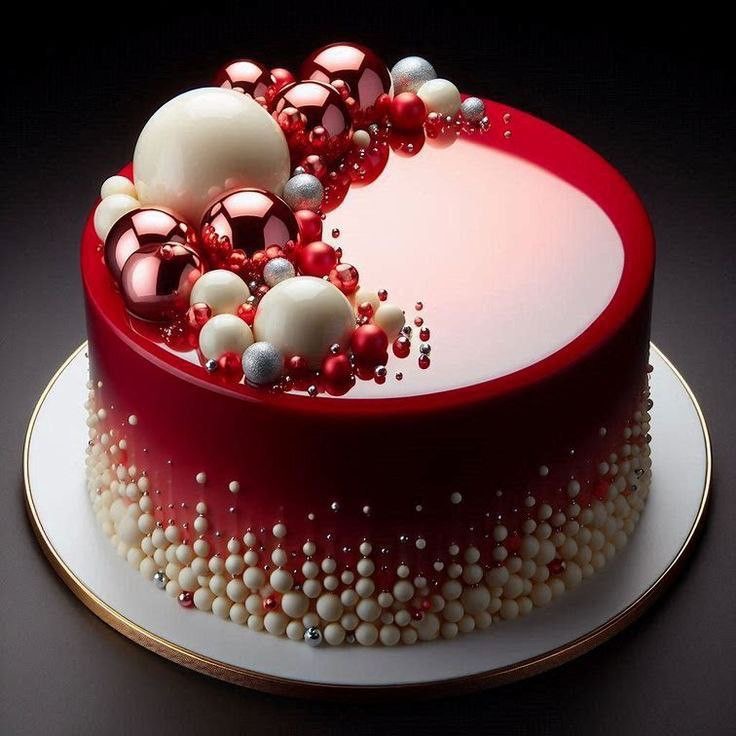 Round red cake topped with decorative spheres and white chocolate ganache, pearl beading around sides