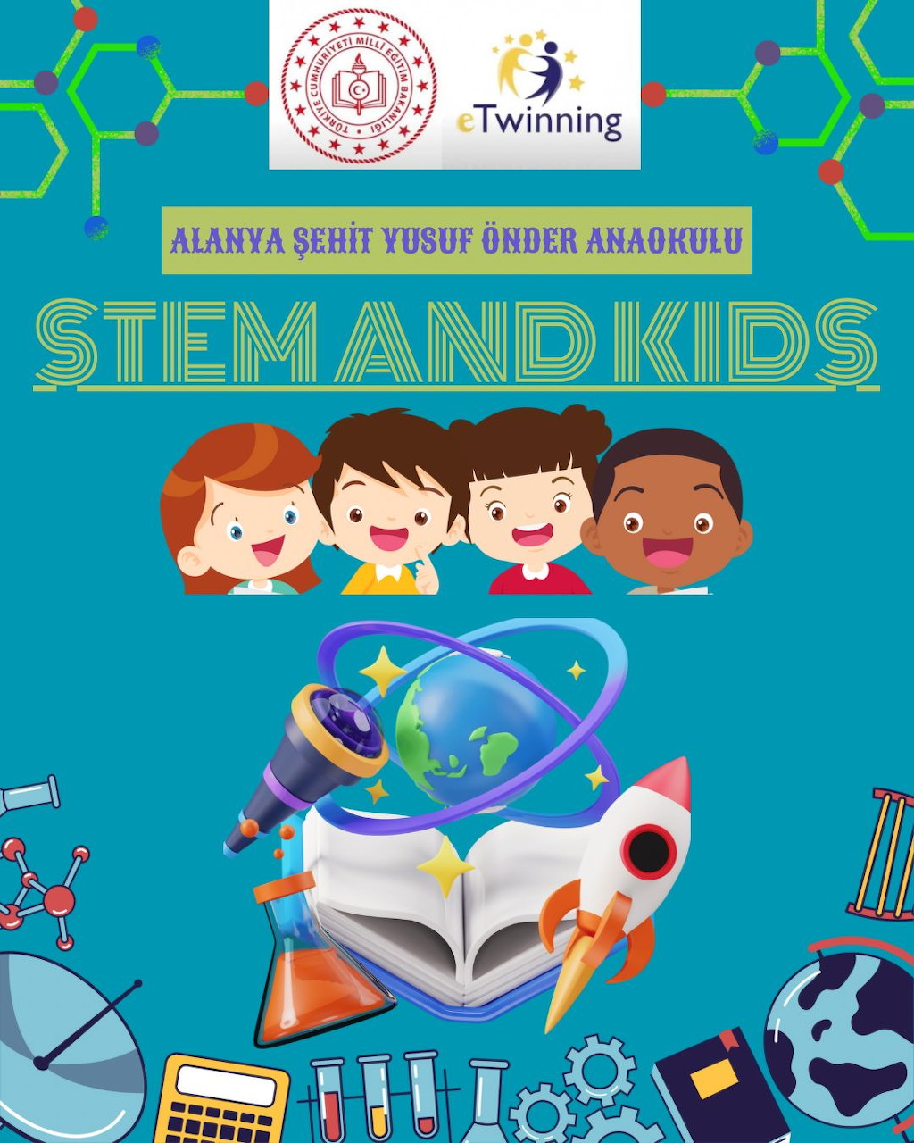 Cartoon children around a rocket, globe and open book with STEM and Kids text on teal background