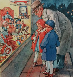 Children looking at colorful vintage toy shop window display with teddy bears, trains, and toys