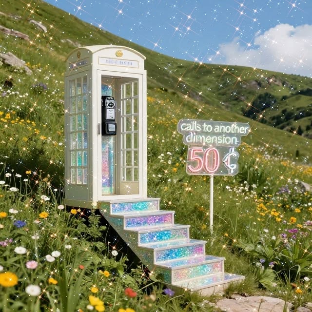 Surreal phone booth with colorful steps in a flower-filled meadow beside a glowing sign