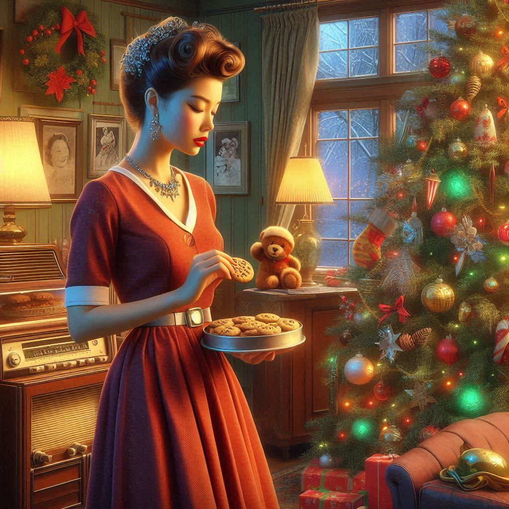 Woman in red dress with cookies by Christmas tree in retro kitchen