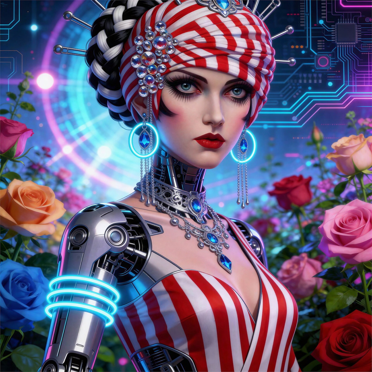Stylized portrait of woman with cybernetic features, striped headwrap, robotic arm, surrounded by colorful roses and tech elements