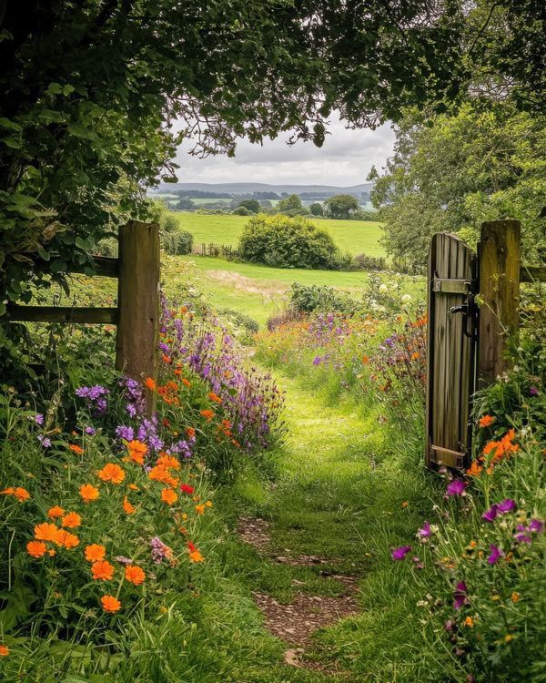 Flower-lined garden path through an open gate toward green fields and distant hills