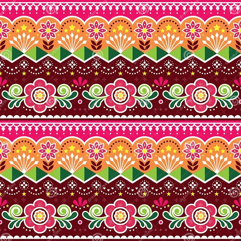 Colorful folk art seamless pattern with rows of stylized flowers and geometric shapes in pink, orange, and green