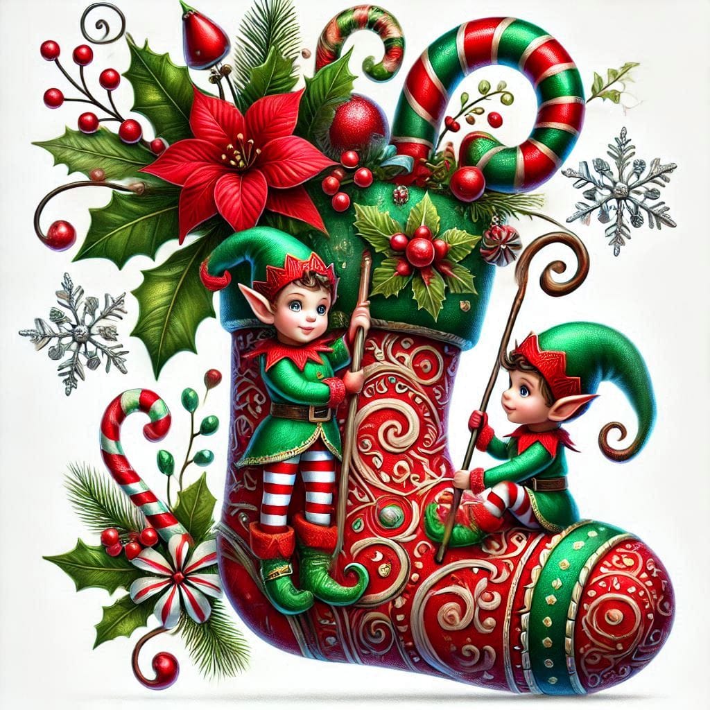 Decorative Christmas stocking with elves, poinsettias, ornaments, and candy canes on white background