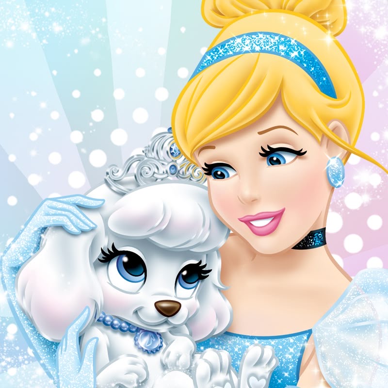 Cinderella holding white puppy Pumpkin with blue accessories on sparkly background