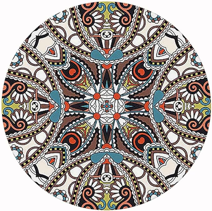 Detailed circular mandala with symmetrical ornate patterns in blue, red, yellow, and black on white