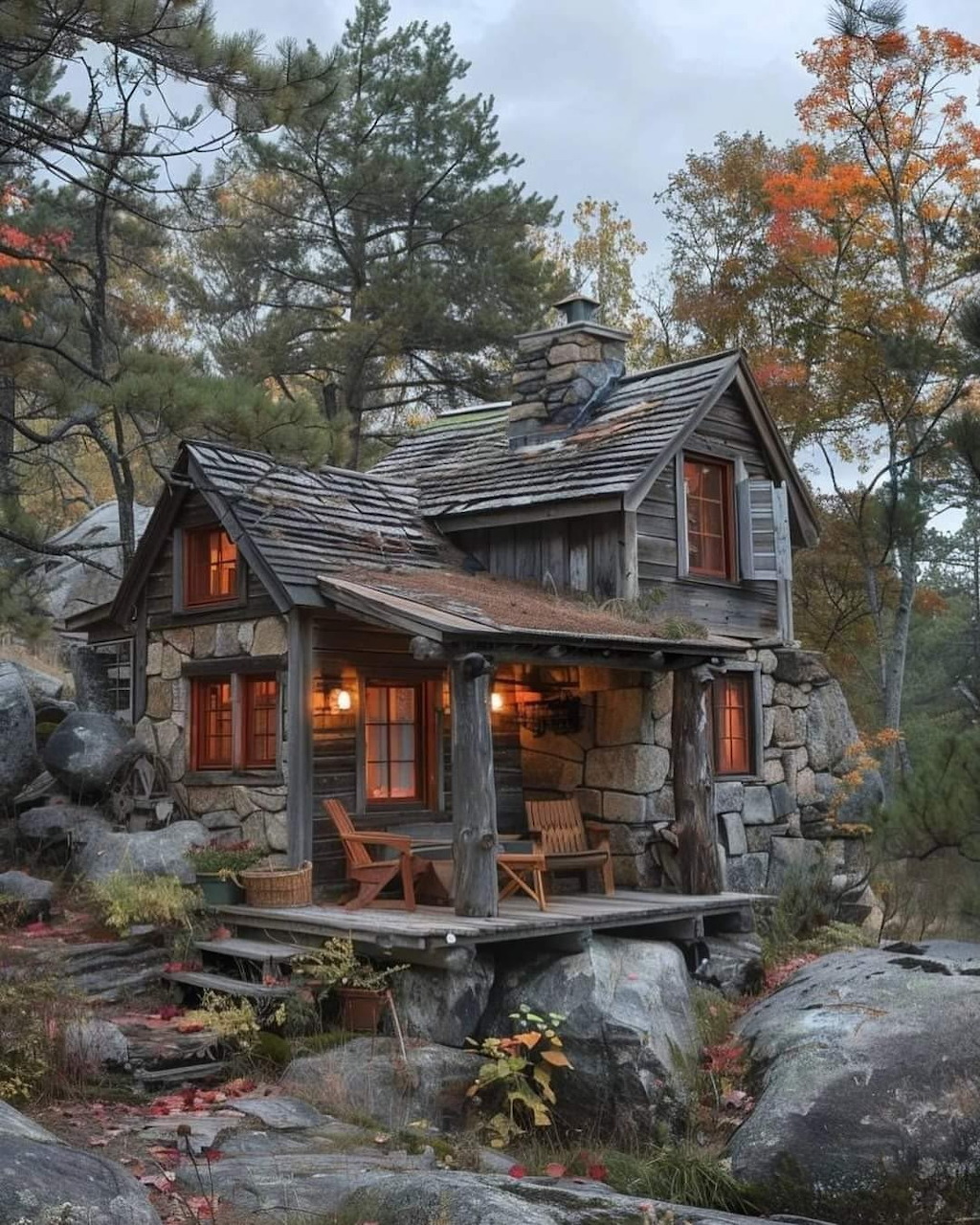 Rustic stone and wood cabin with lit windows surrounded by autumn trees and rocky terrain