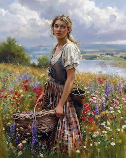 Painting of a young woman with basket standing in a wildflower meadow near a lake