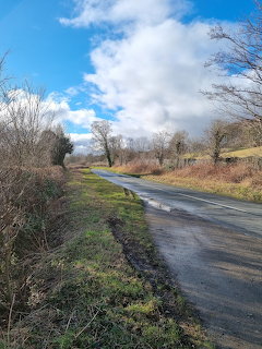 Winding country road through moorland with bare trees, green grass verges, and cloudy blue sky