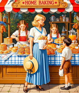 Illustration of a woman and children at a home baking market stall filled with pies and pastries