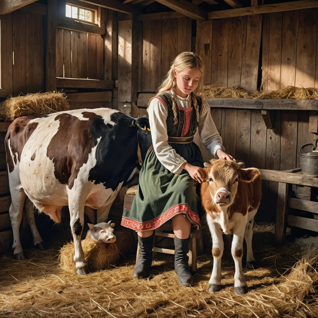Girl with Calves in Barn