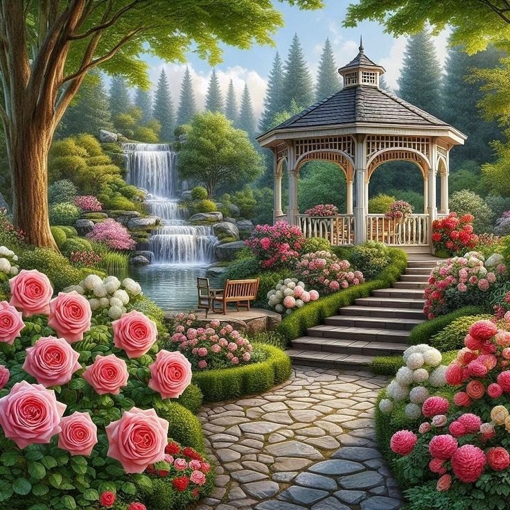 Painted garden with a gazebo, stone path, pink flowers, and a waterfall in a forest setting