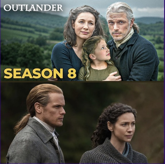 Outlander TV show cast members in two portrait groupings wearing historical Scottish clothing