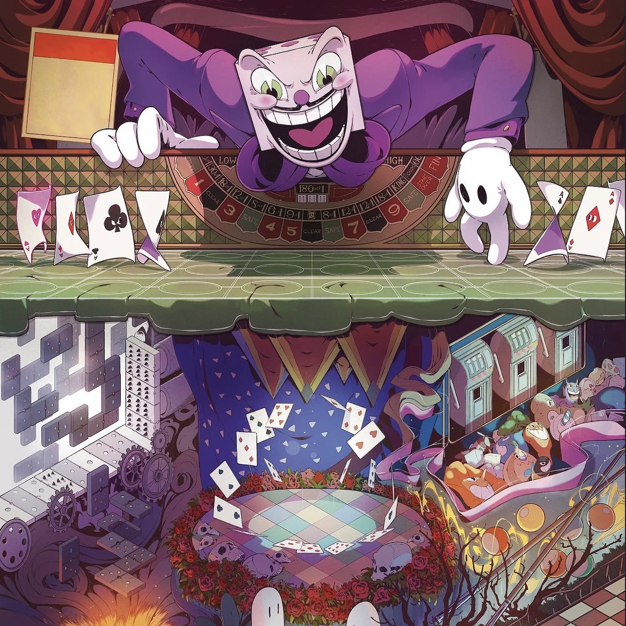 Illustration of a grinning purple card dealer above a casino table and surreal city with floating playing cards
