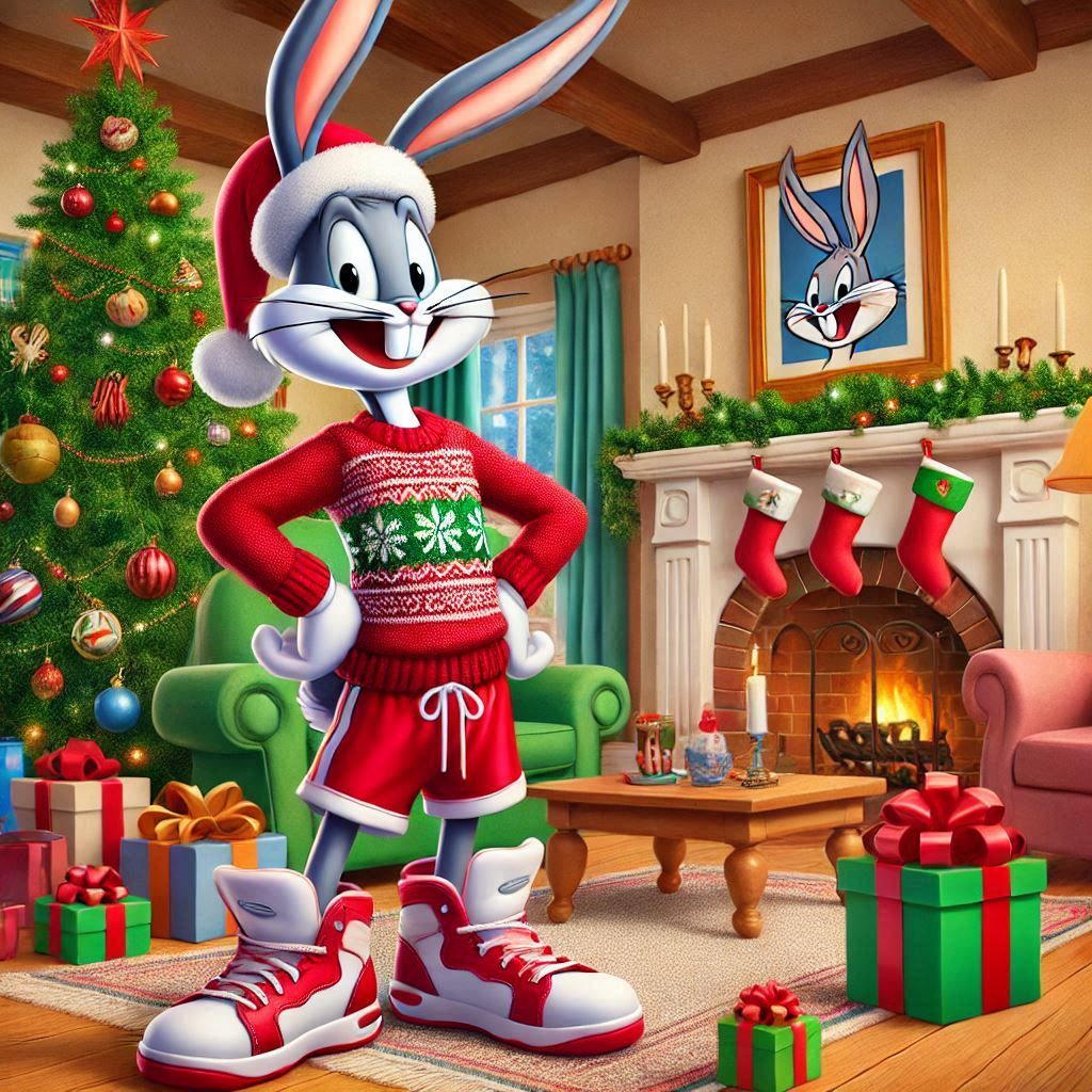 Cartoon rabbit in red Christmas sweater in decorated holiday living room with tree and fireplace