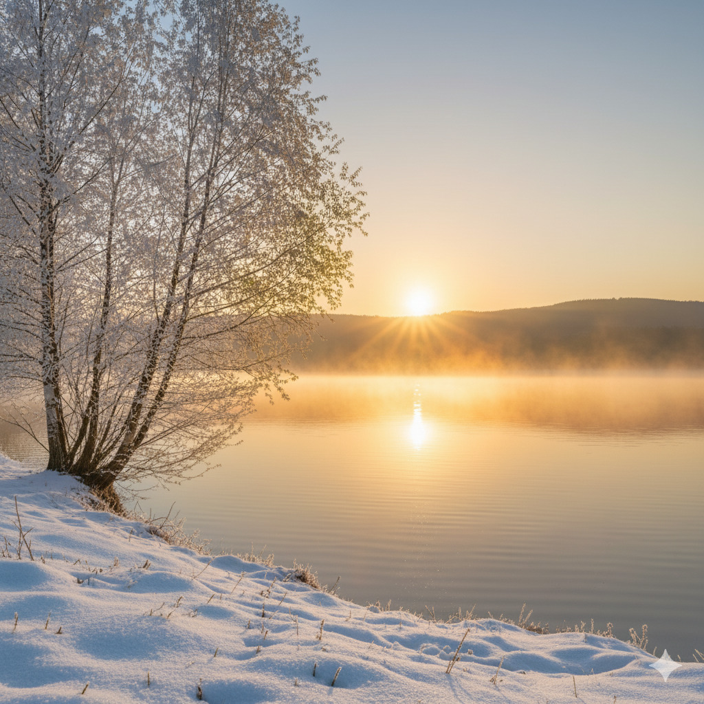 Frosted tree on snowy lakeshore at sunrise with mist rising from calm water and sun breaking over distant hills