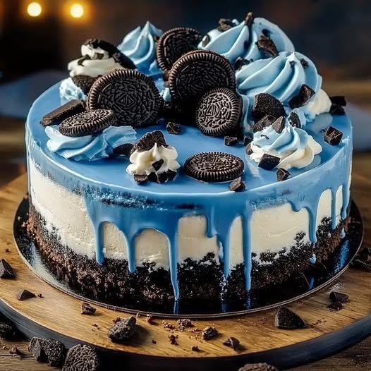 Round layered cake with blue frosting, chocolate cookies, and dripping blue glaze on wooden surface