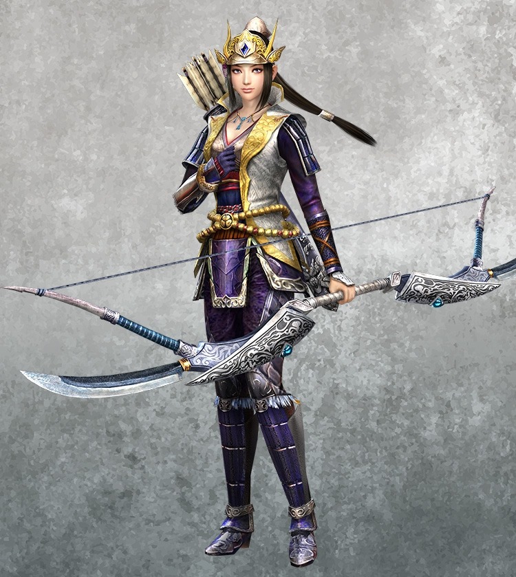 Inahime female samurai warrior in purple gold armor holding bow and curved sword