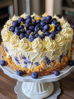 Cheesecake topped with cream rosettes, blueberries, and lemon zest on white stand