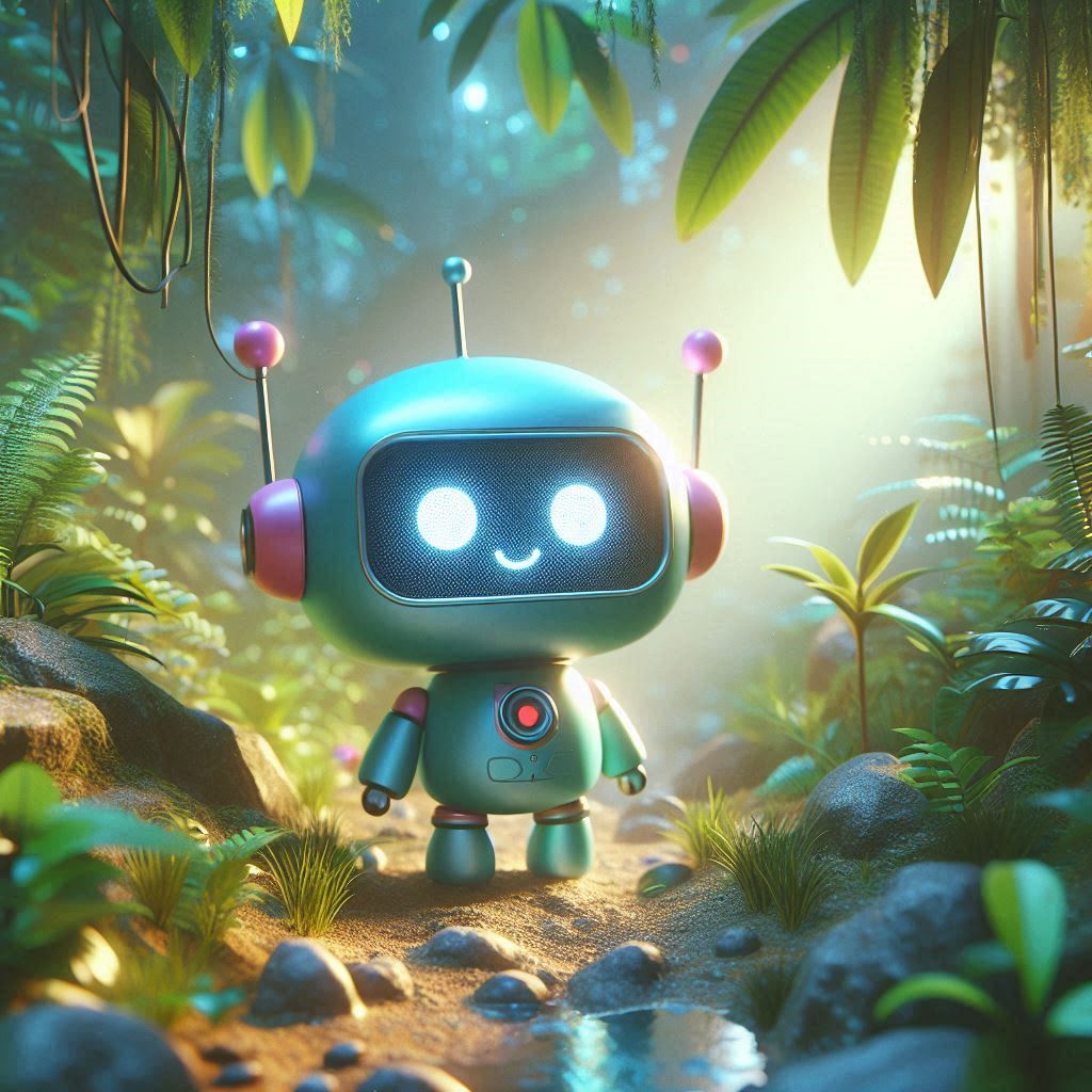 Cute small robot standing on a sunlit forest path with lush tropical plants