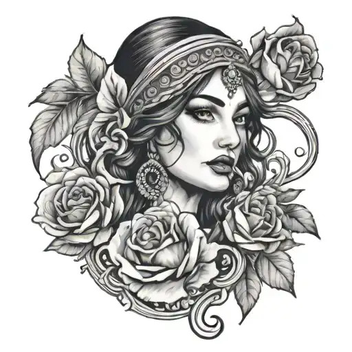 Black-and-white tattoo-style portrait of a woman surrounded by roses and leaves