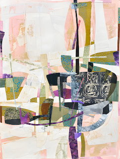 Abstract collage with layered geometric shapes in pastel pink, black, olive, and white with translucent overlapping elements