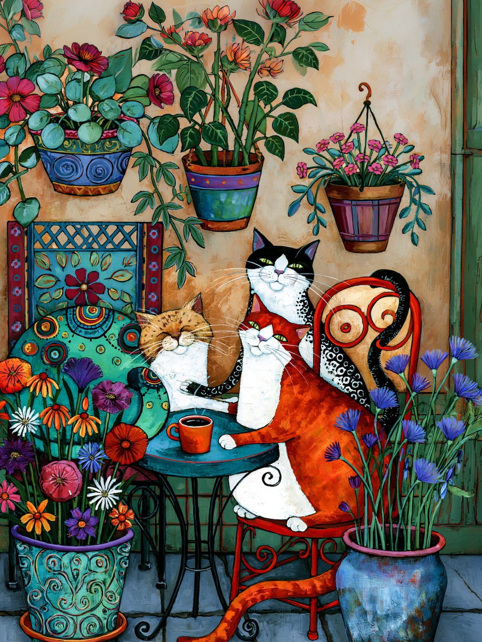 Three cats sitting among colorful potted flowers and plants in a folk art style illustration