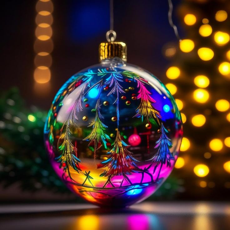 Colorful Christmas bauble with a cat and tree design hanging against warm holiday lights
