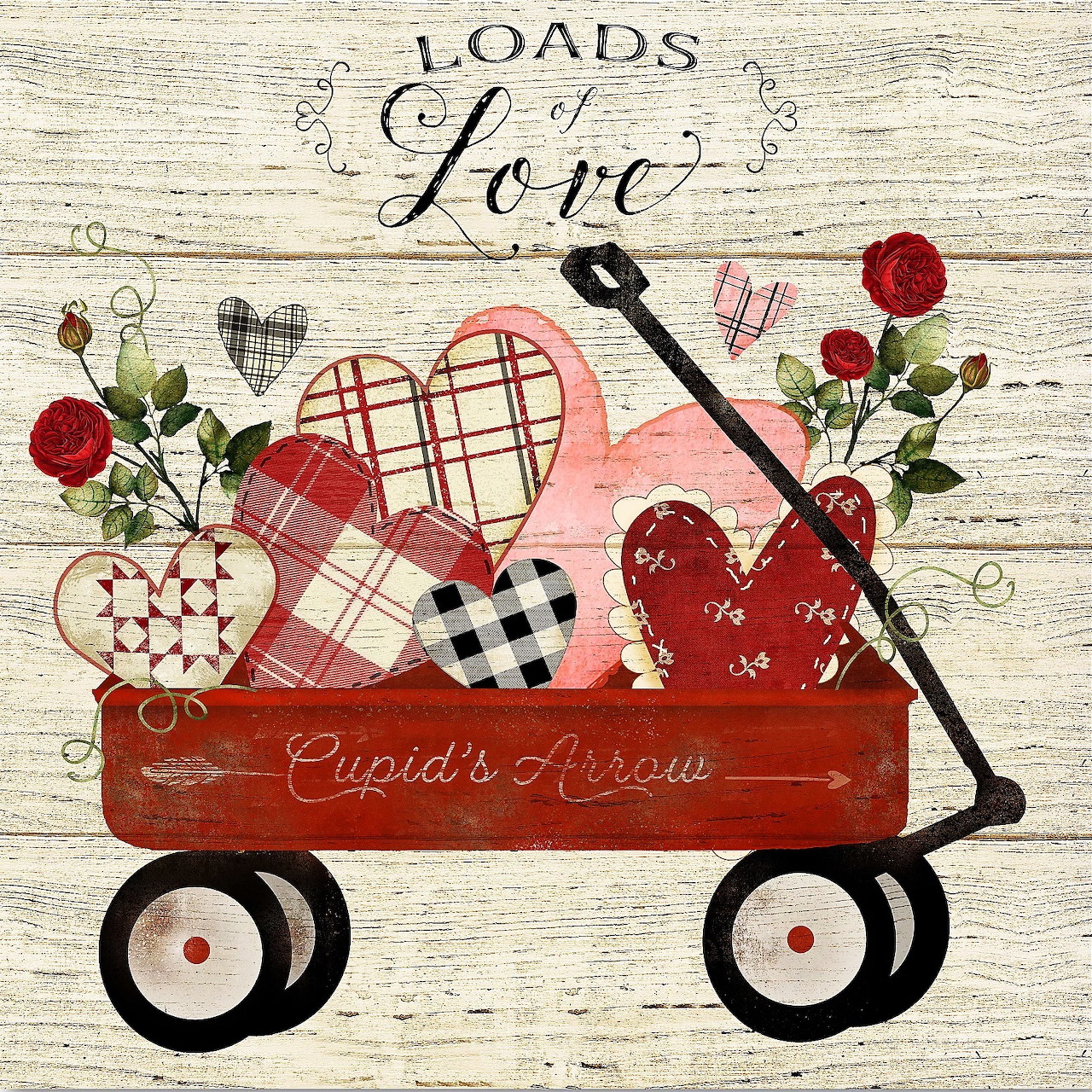 Red toy wagon filled with patterned hearts and red roses on white wooden background