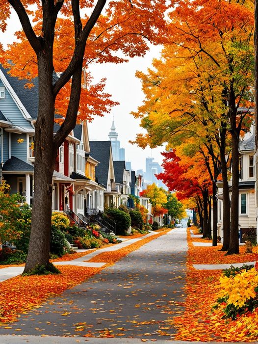 Autumn street with colorful trees and fallen leaves lining residential homes