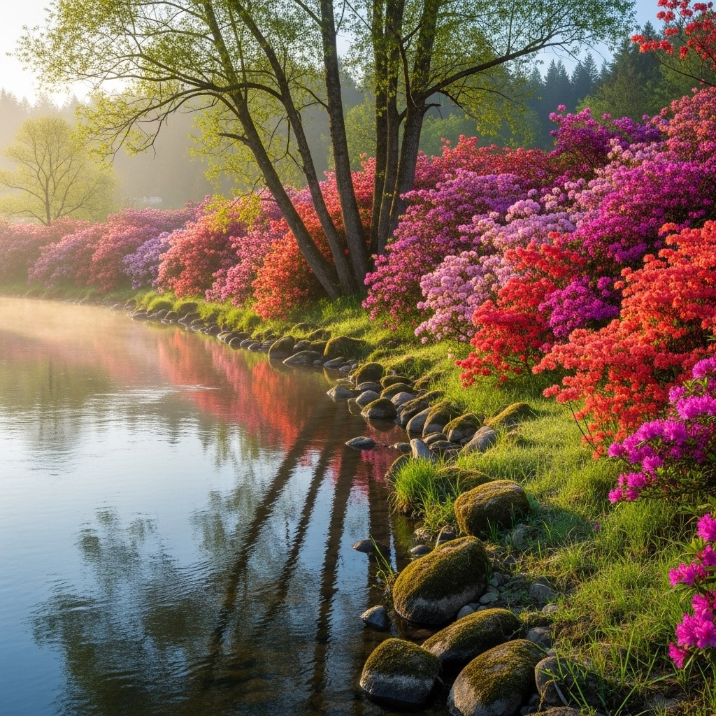 Colorful azalea flowers blooming along a misty lake with trees and reflections in calm water