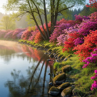 Colorful Azaleas by Misty Lake