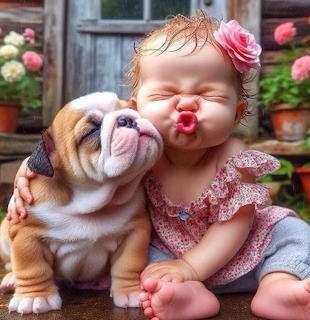 Baby Kissing Bulldog Puppy